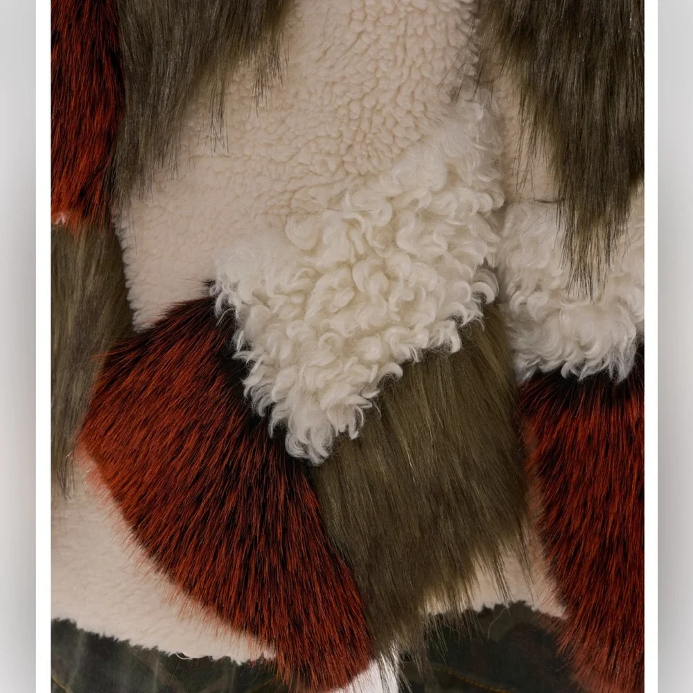 NWT Akira Patchwork Faux Fur Coat in Cream, Olive & Rust    1X /2X - Picture 9 of 12